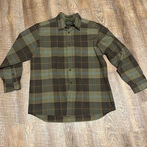 Orvis button-down plaid, heavy duty size, L green, blue and orange stripes